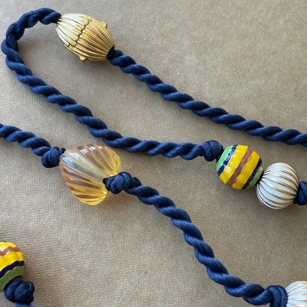 Tory Burch Long Beaded Necklace Silk Cord Gold Beads Statement Layering Necklace